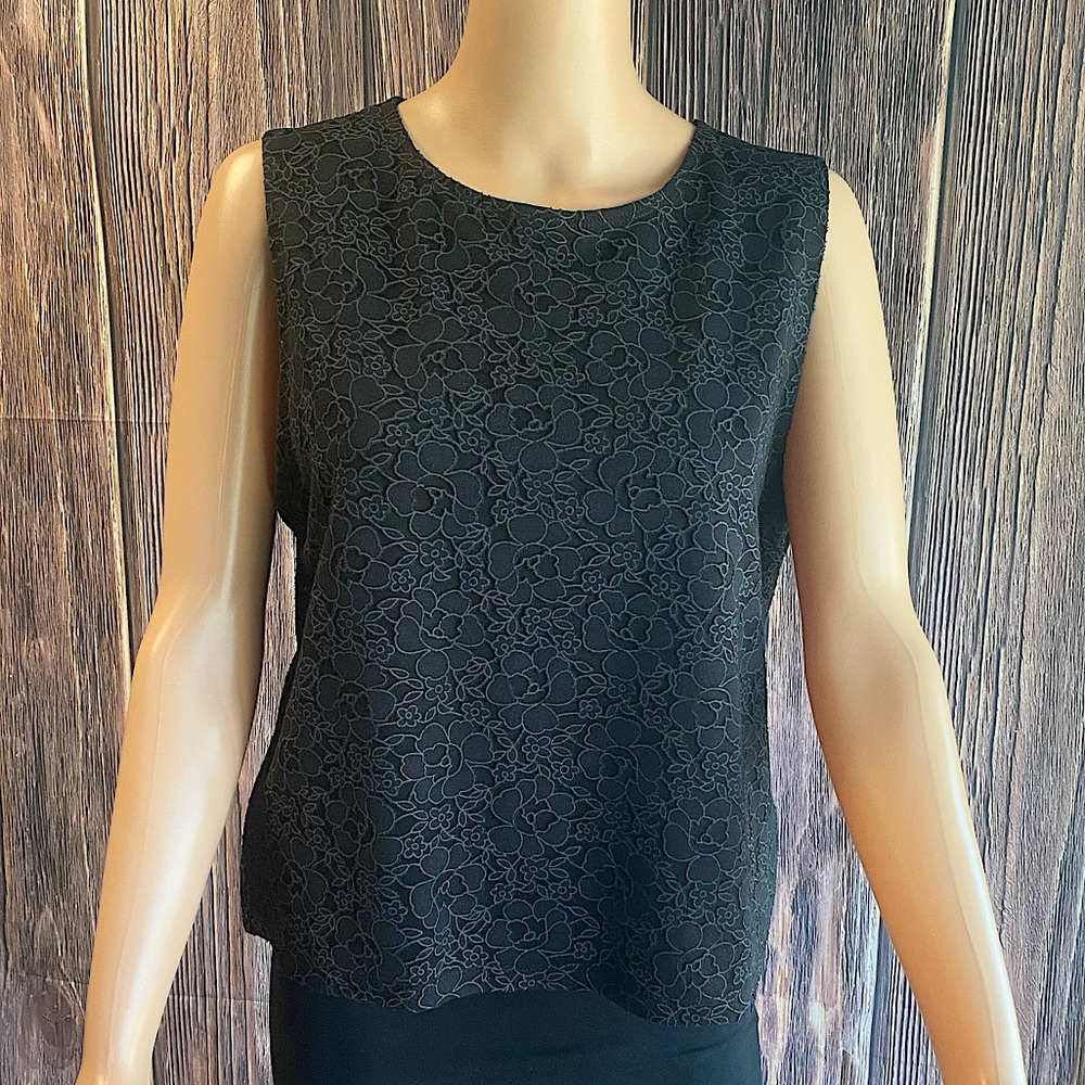 Topshop size 10 black lace floral top blouse tank top grey gray outline